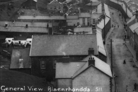 A view of Upper Blaenrhondda in the early 1900s. Bethesda chapel is the third building on the left.