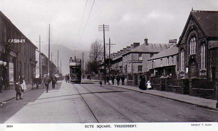 A view of Bute Street Treherbert from the 1920s with the Bute Square chapel seen on the left.